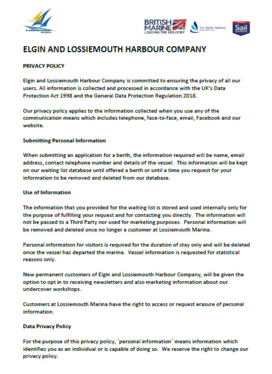 Lossiemouth Marina Privacy Policy