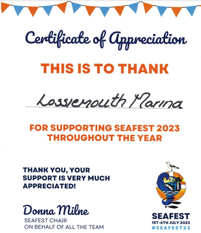 Seafest Lossiemouth thank you certificate to Lossiemouth Marina